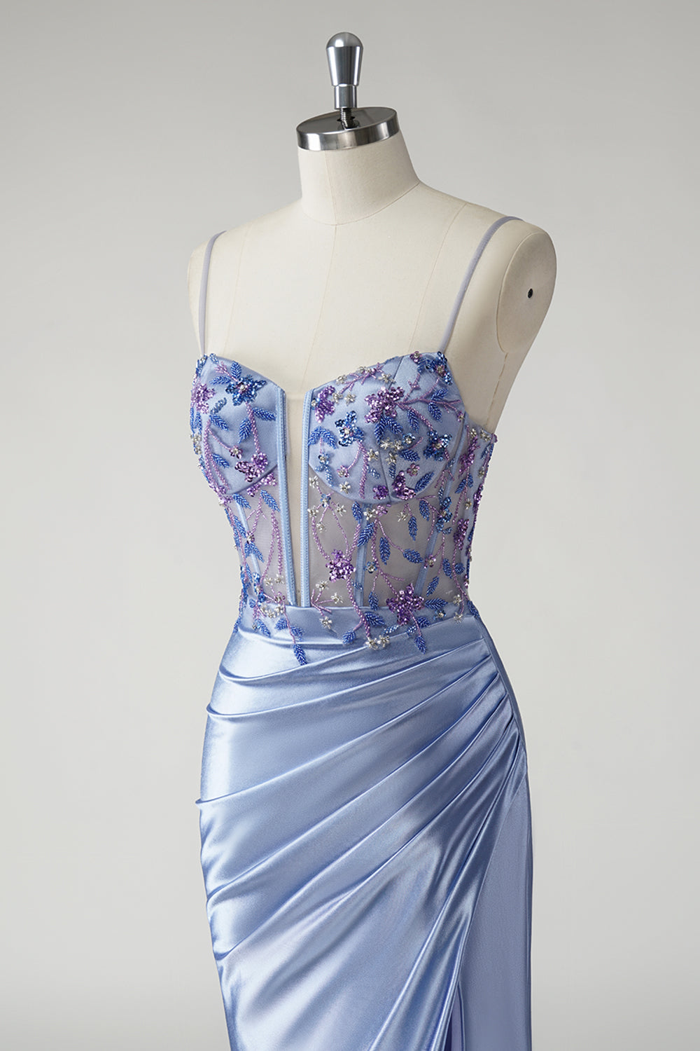 Robe de bal longue en satin bleu scintillant de sirène florale avec fente