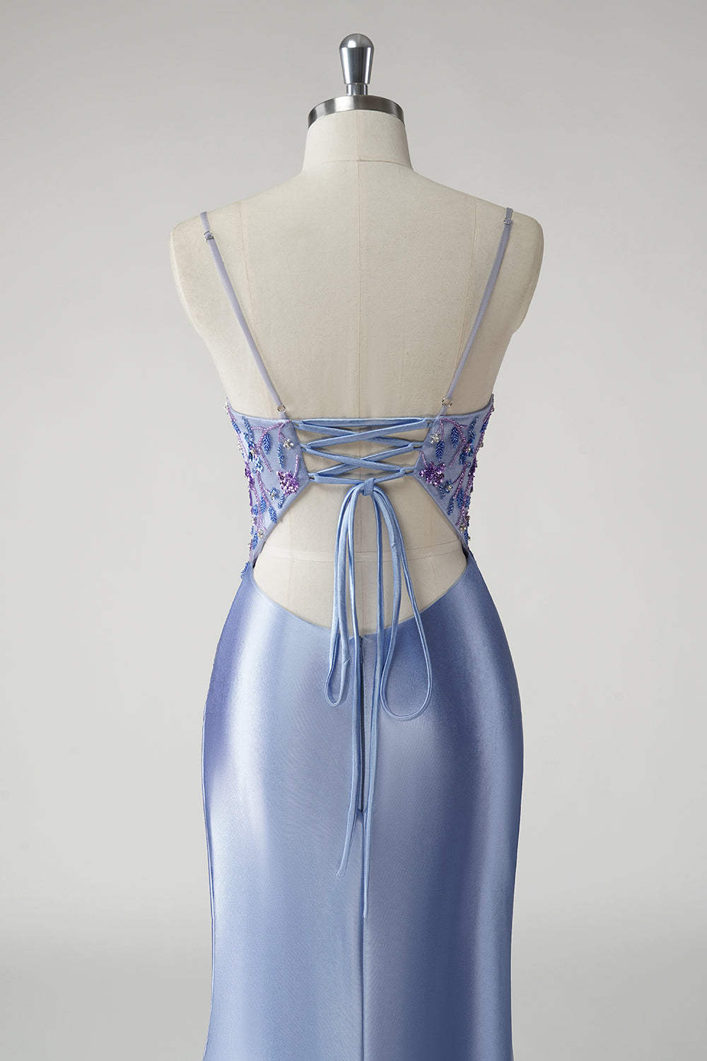 Robe de bal longue en satin bleu scintillant de sirène florale avec fente