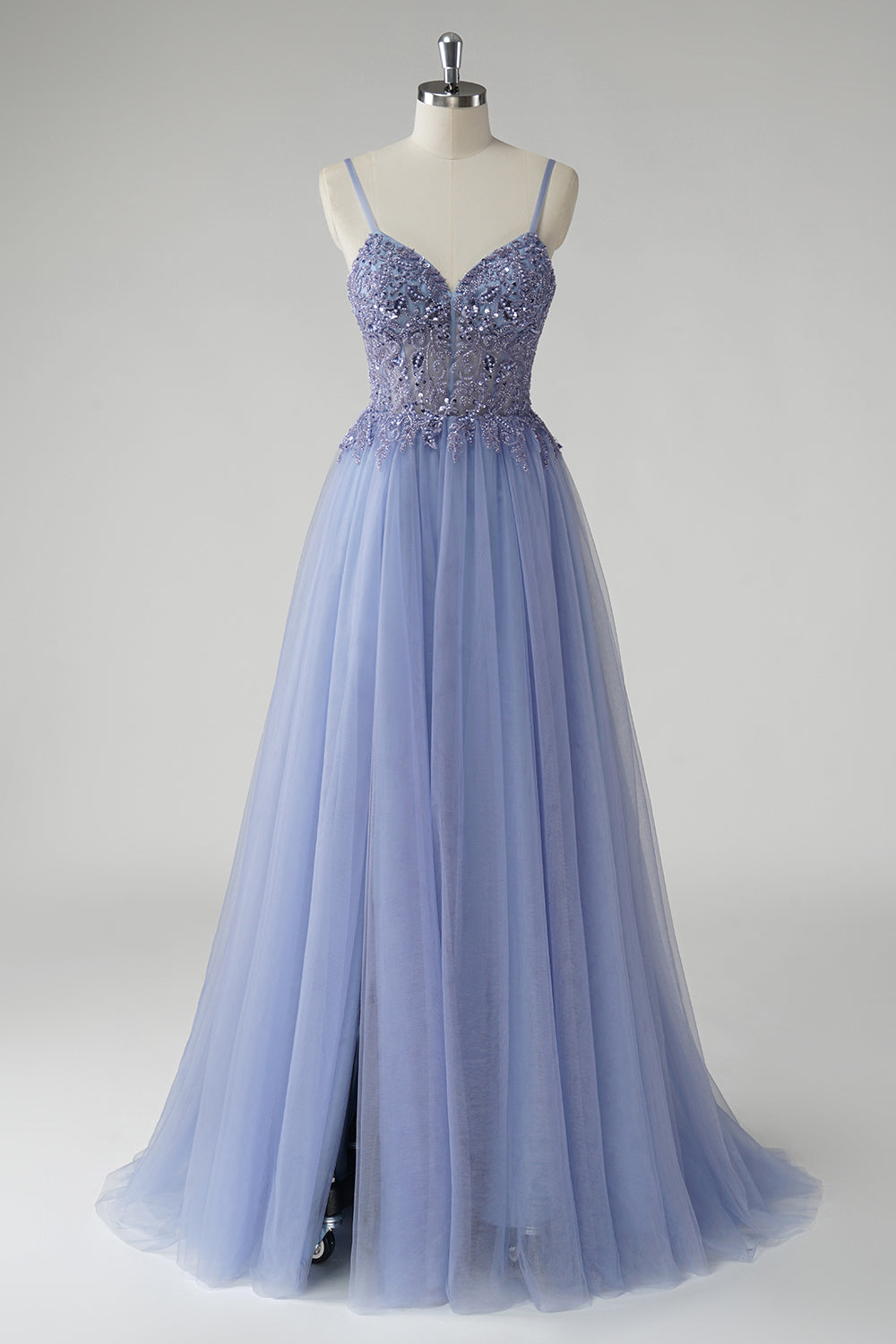 Robe de bal trapèze en tulle gris-bleu pailleté avec fente
