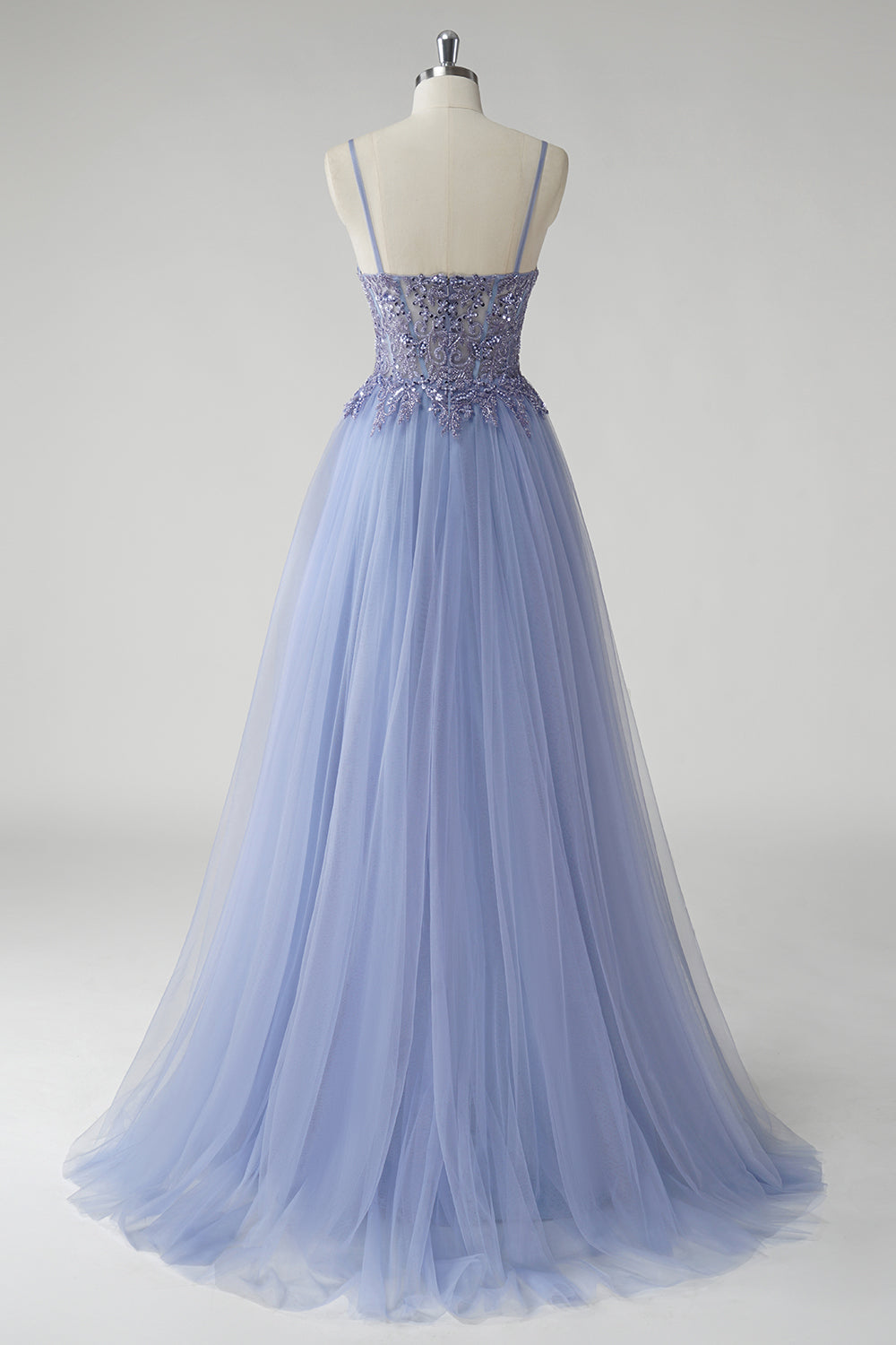Robe de bal trapèze en tulle gris-bleu pailleté avec fente
