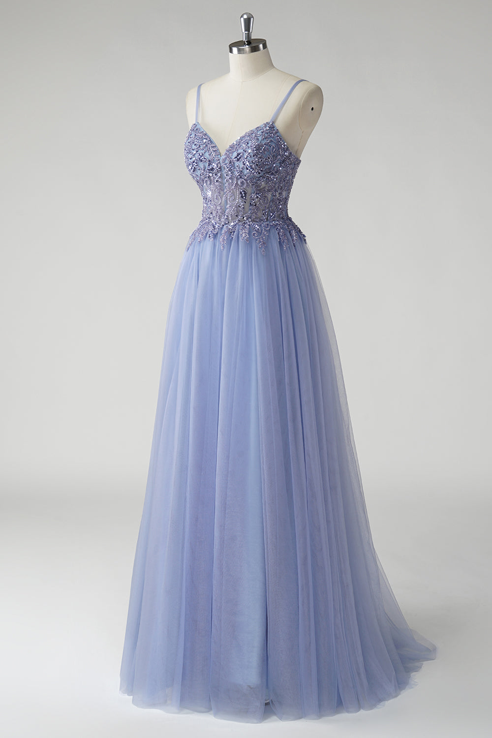 Robe de bal trapèze en tulle gris-bleu pailleté avec fente