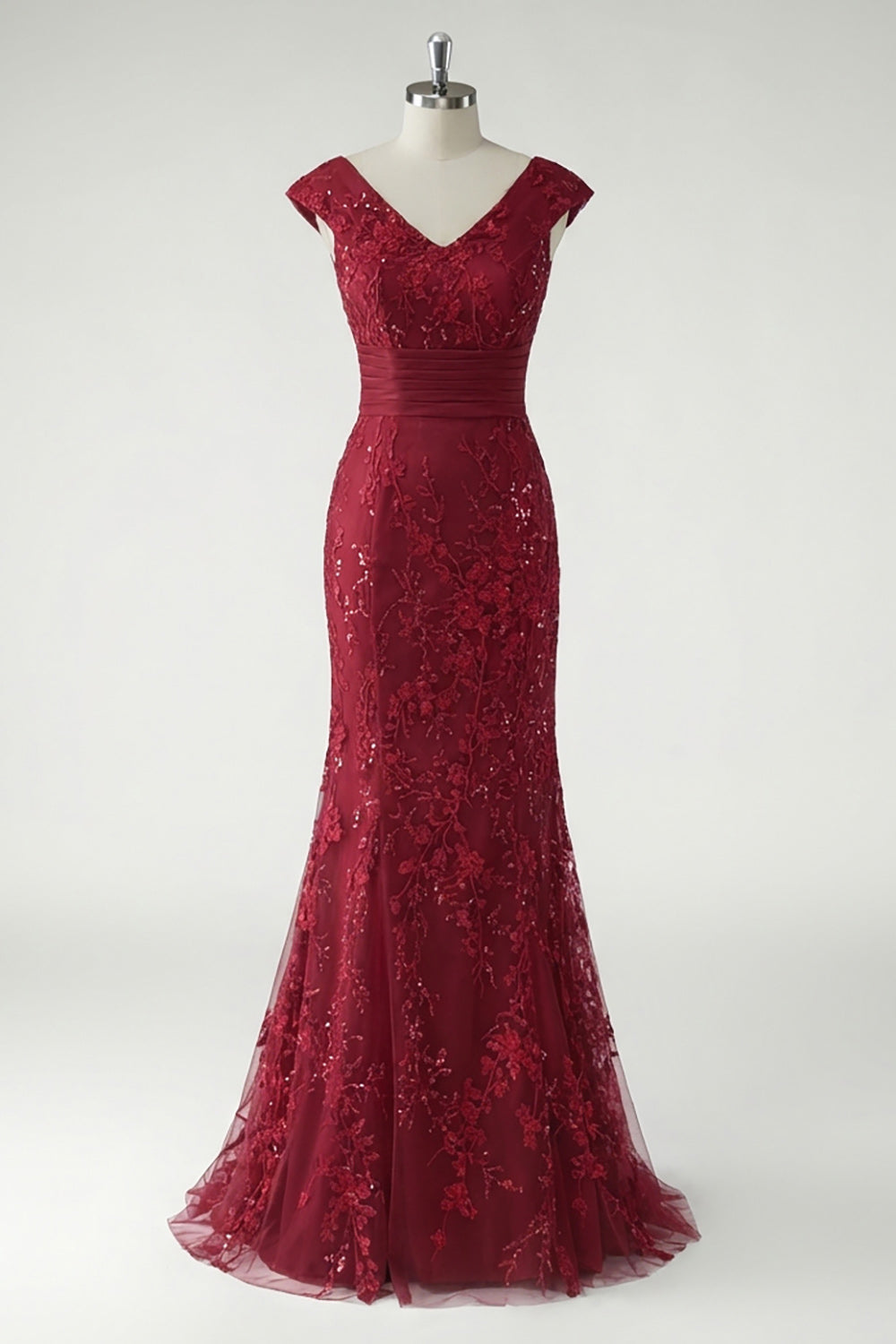 Green V-Neck Mermaid Appliques Sequins Cap Sleeves Prom Dress