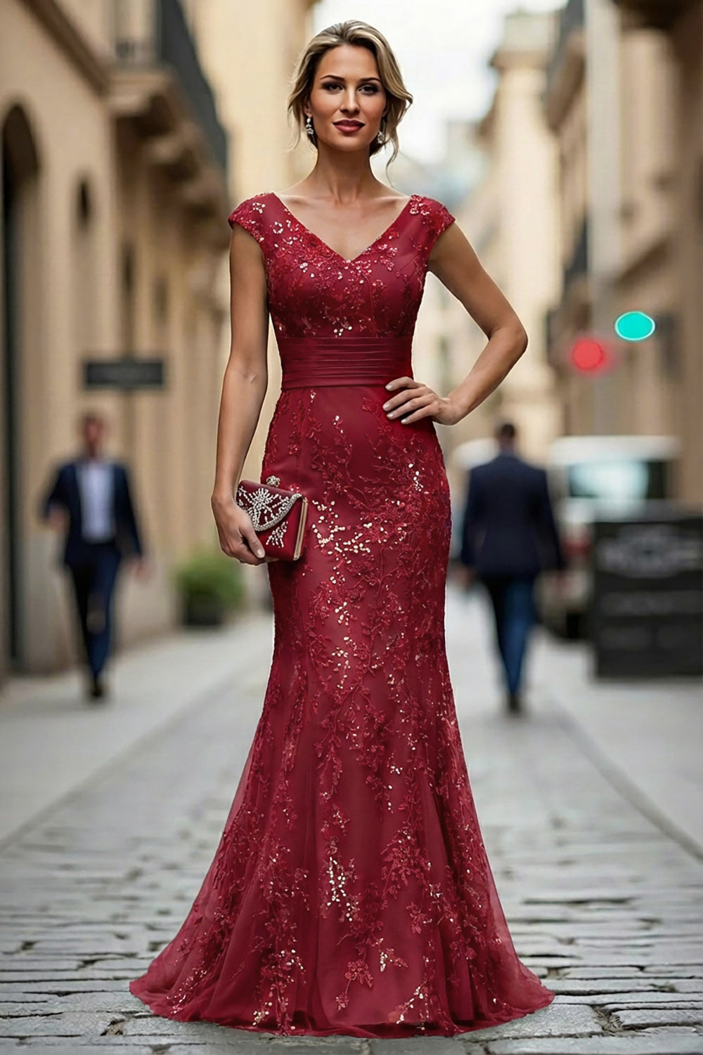 Dark Red Mermaid V-Neck Embroidered Mother Of The Bride Dress with Sequins