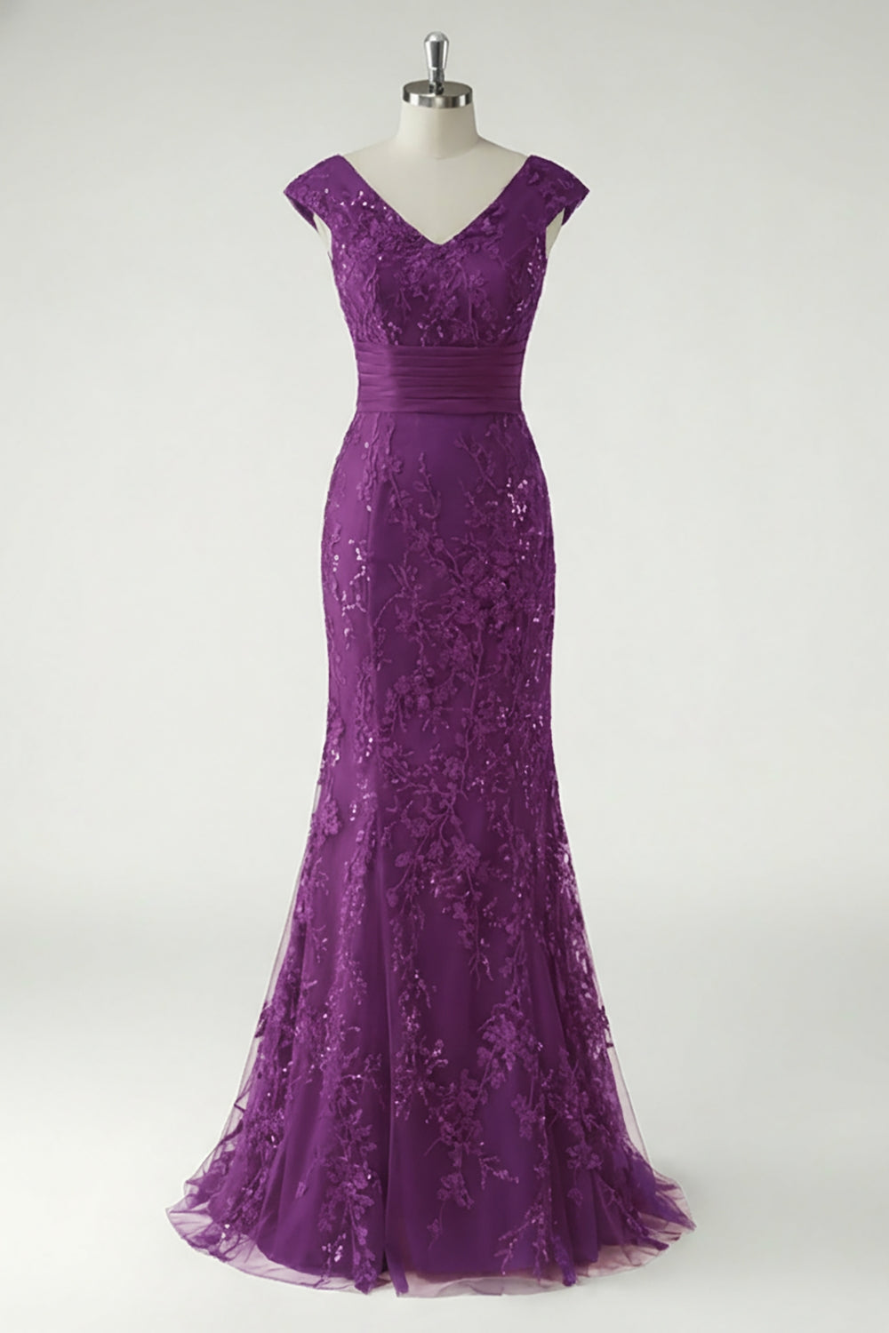 Green V-Neck Mermaid Appliques Sequins Cap Sleeves Prom Dress