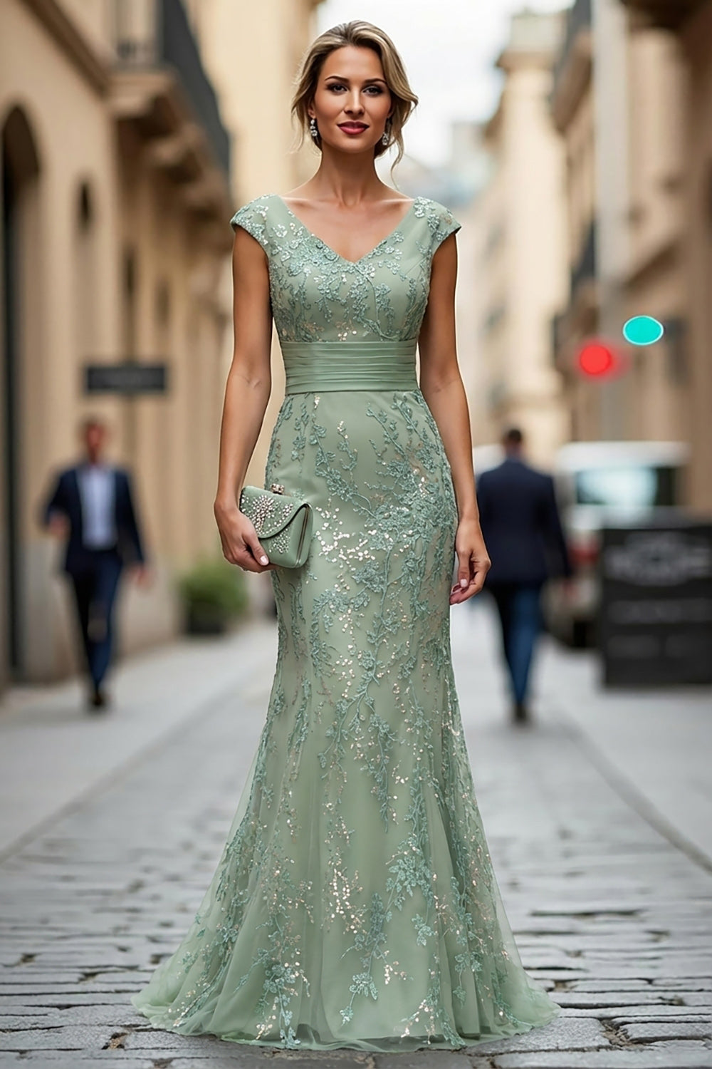 Dark Red Mermaid V-Neck Embroidered Mother Of The Bride Dress with Sequins