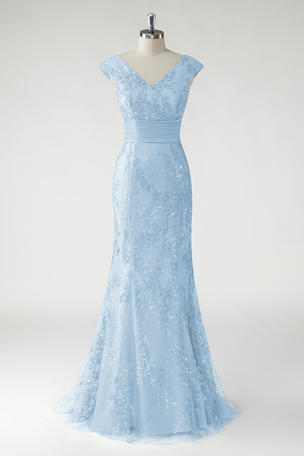 Green V-Neck Mermaid Appliques Sequins Cap Sleeves Prom Dress