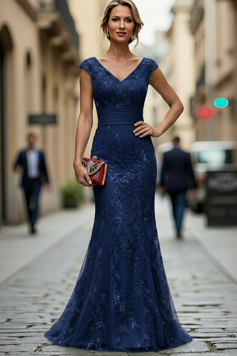 Dark Red Mermaid V-Neck Embroidered Mother Of The Bride Dress with Sequins
