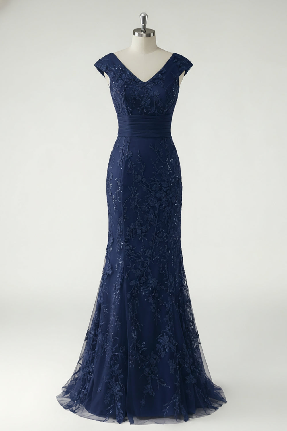 Green V-Neck Mermaid Appliques Sequins Cap Sleeves Prom Dress