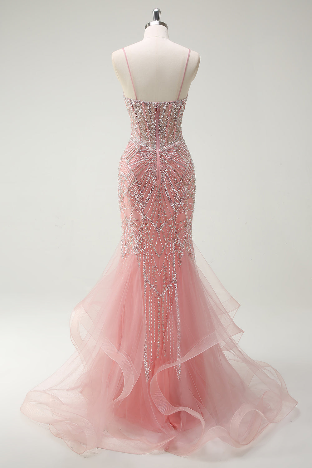 Robe de bal longue corset sirène rose pailletée à fines bretelles