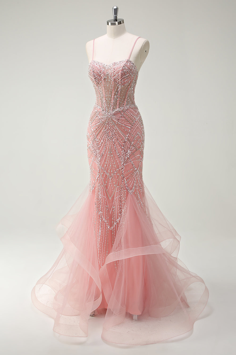Robe de bal longue corset sirène rose pailletée à fines bretelles