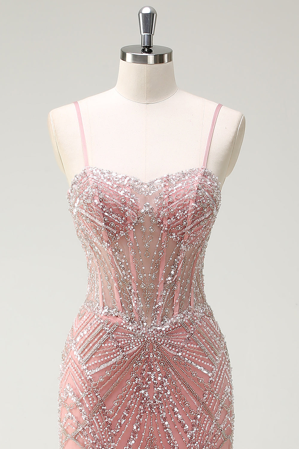 Robe de bal longue corset sirène rose pailletée à fines bretelles