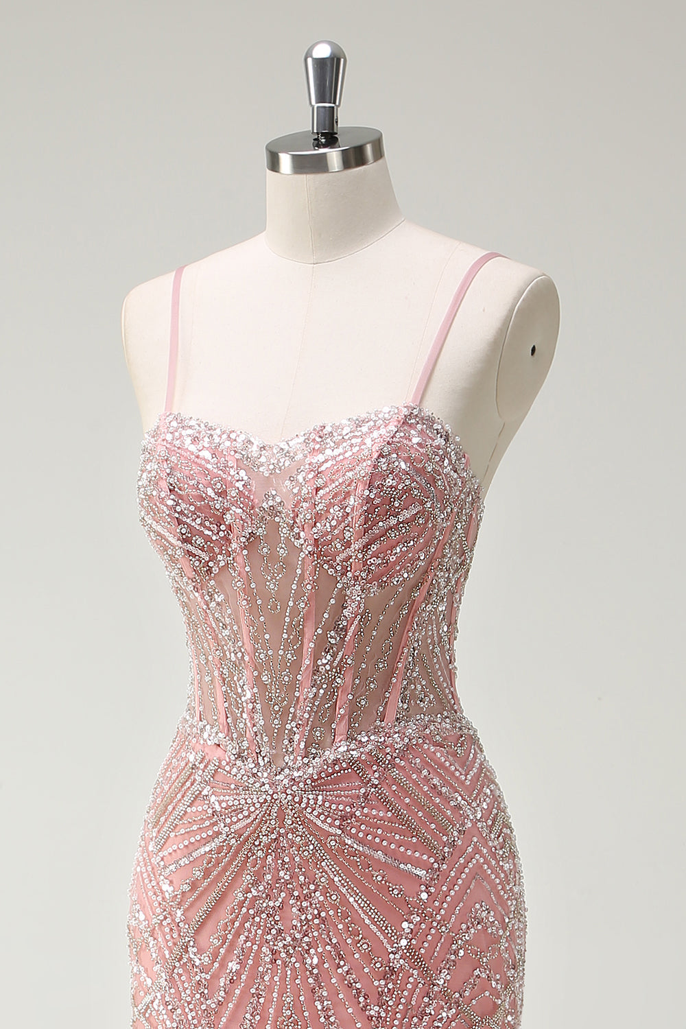 Robe de bal longue corset sirène rose pailletée à fines bretelles