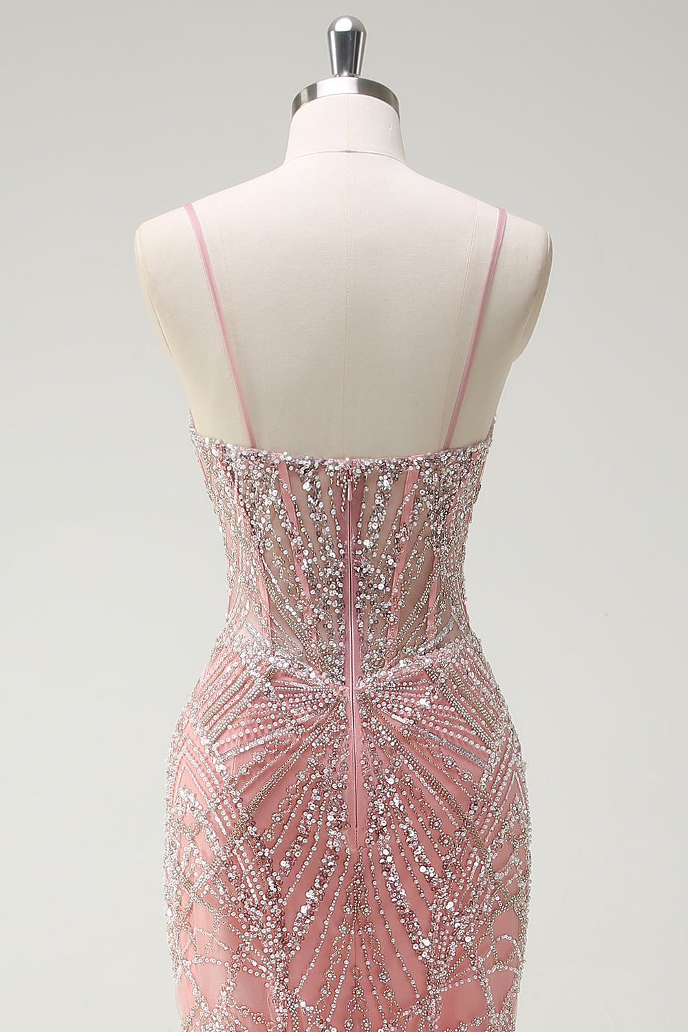Robe de bal longue corset sirène rose pailletée à fines bretelles
