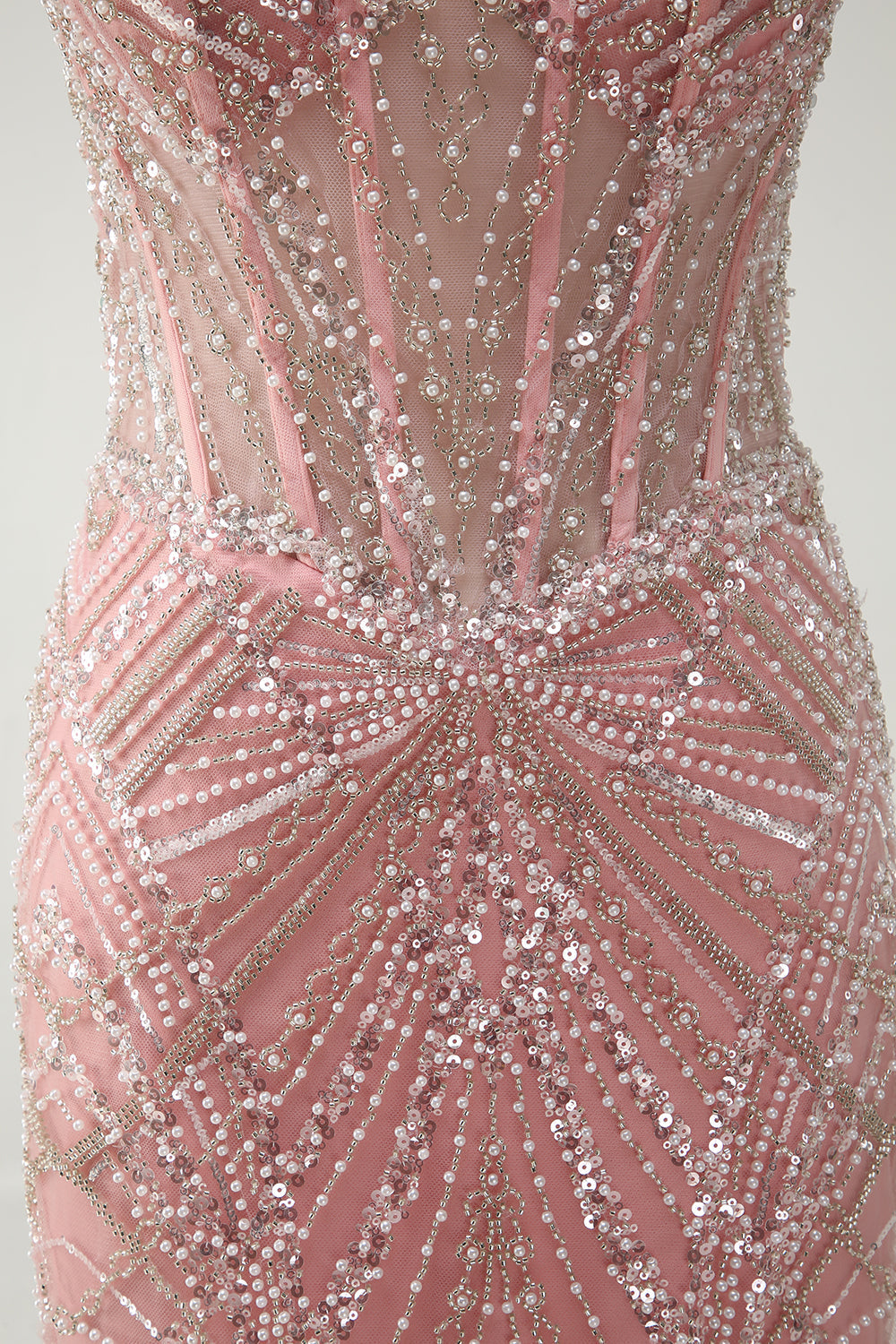 Robe de bal longue corset sirène rose pailletée à fines bretelles
