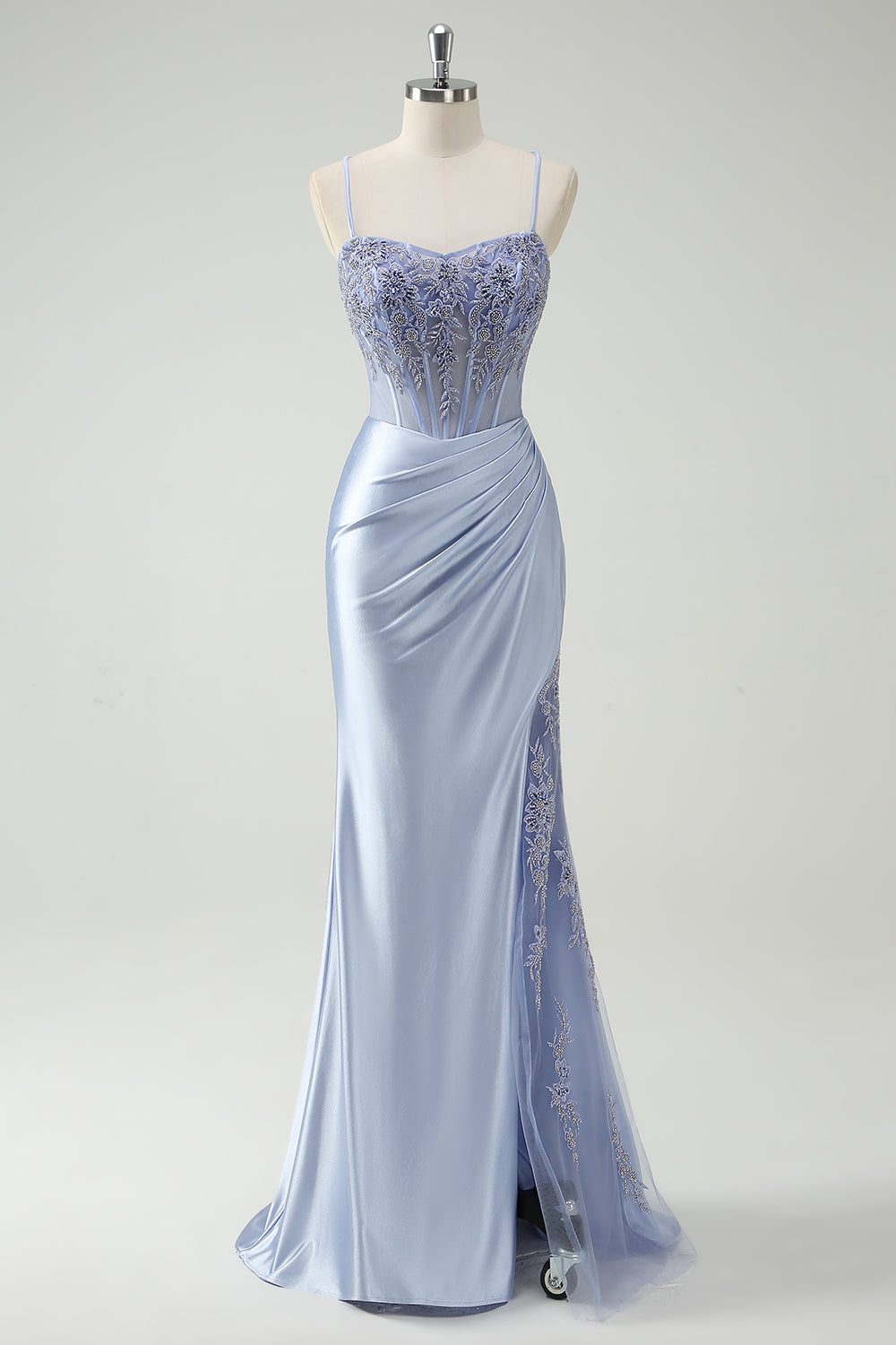 Robe de bal longue ruchée sirène bleu clair avec perles appliquées