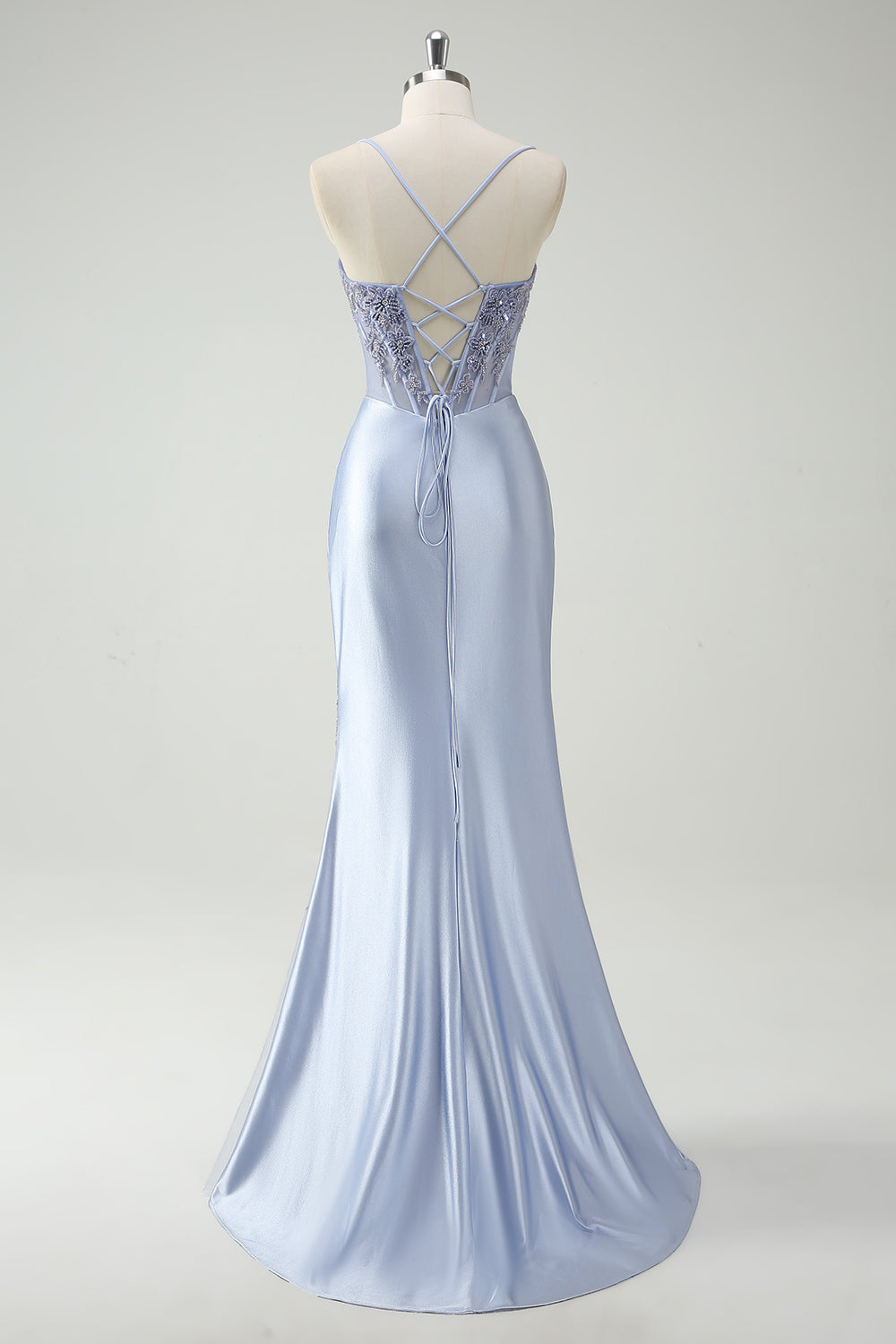 Robe de bal longue ruchée sirène bleu clair avec perles appliquées