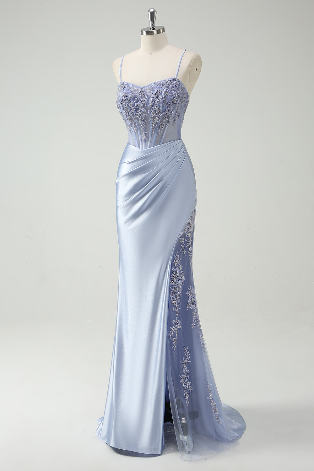 Robe de bal longue ruchée sirène bleu clair avec perles appliquées