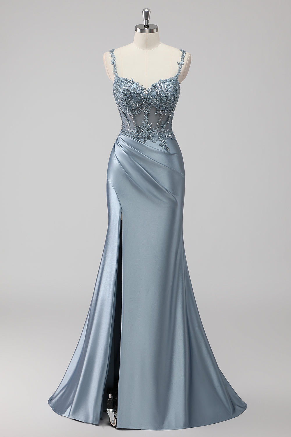 Blush Satin Mermaid Sequin Long Prom Dress with Slit