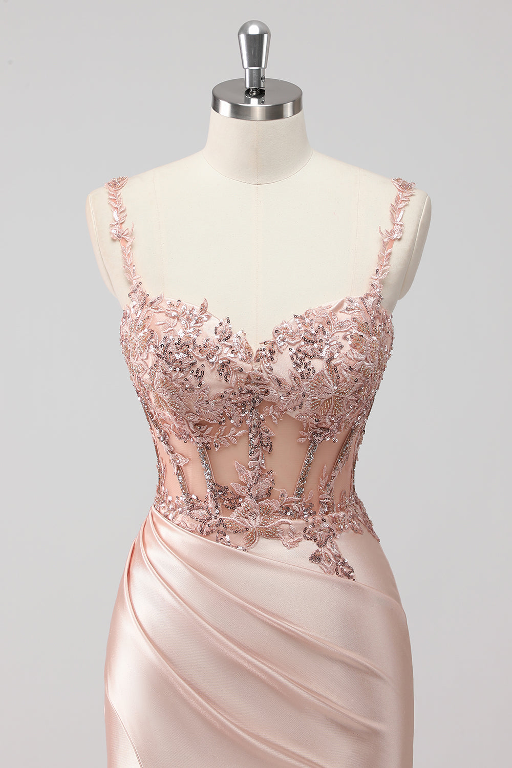 Blush Satin Mermaid Sequin Long Prom Dress with Slit