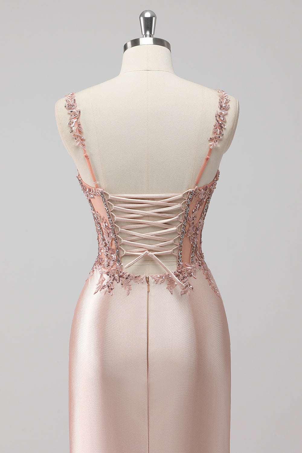 Blush Satin Mermaid Sequin Long Prom Dress with Slit