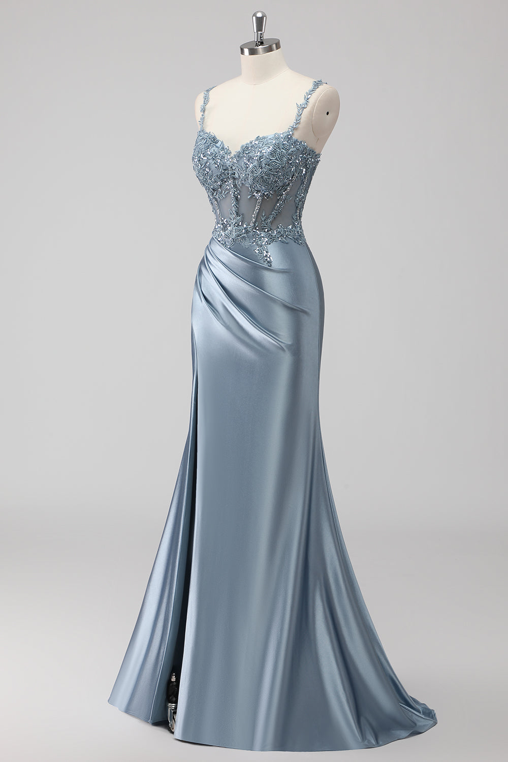 Blush Satin Mermaid Sequin Long Prom Dress with Slit