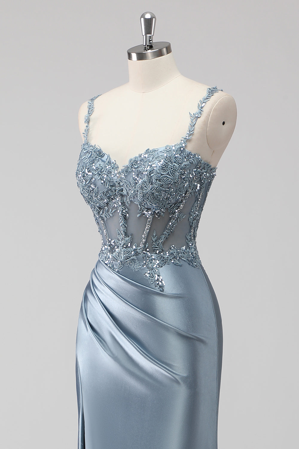 Blush Satin Mermaid Sequin Long Prom Dress with Slit