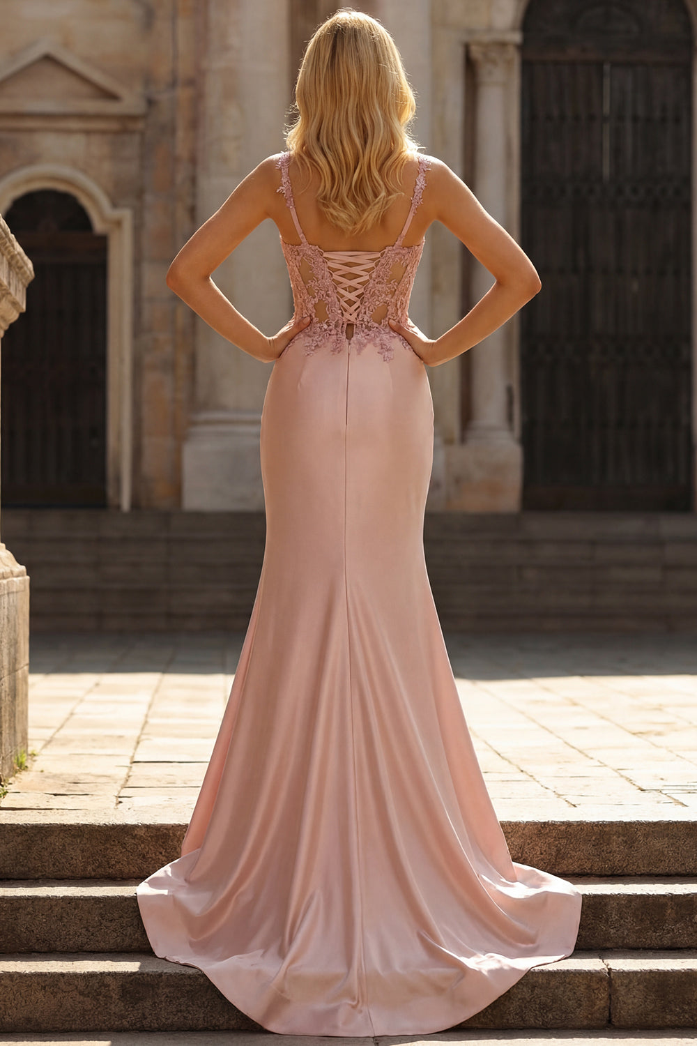 Blush Satin Mermaid Sequin Long Prom Dress with Slit