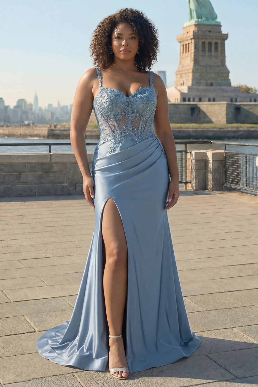 Blush Satin Mermaid Sequin Long Prom Dress with Slit