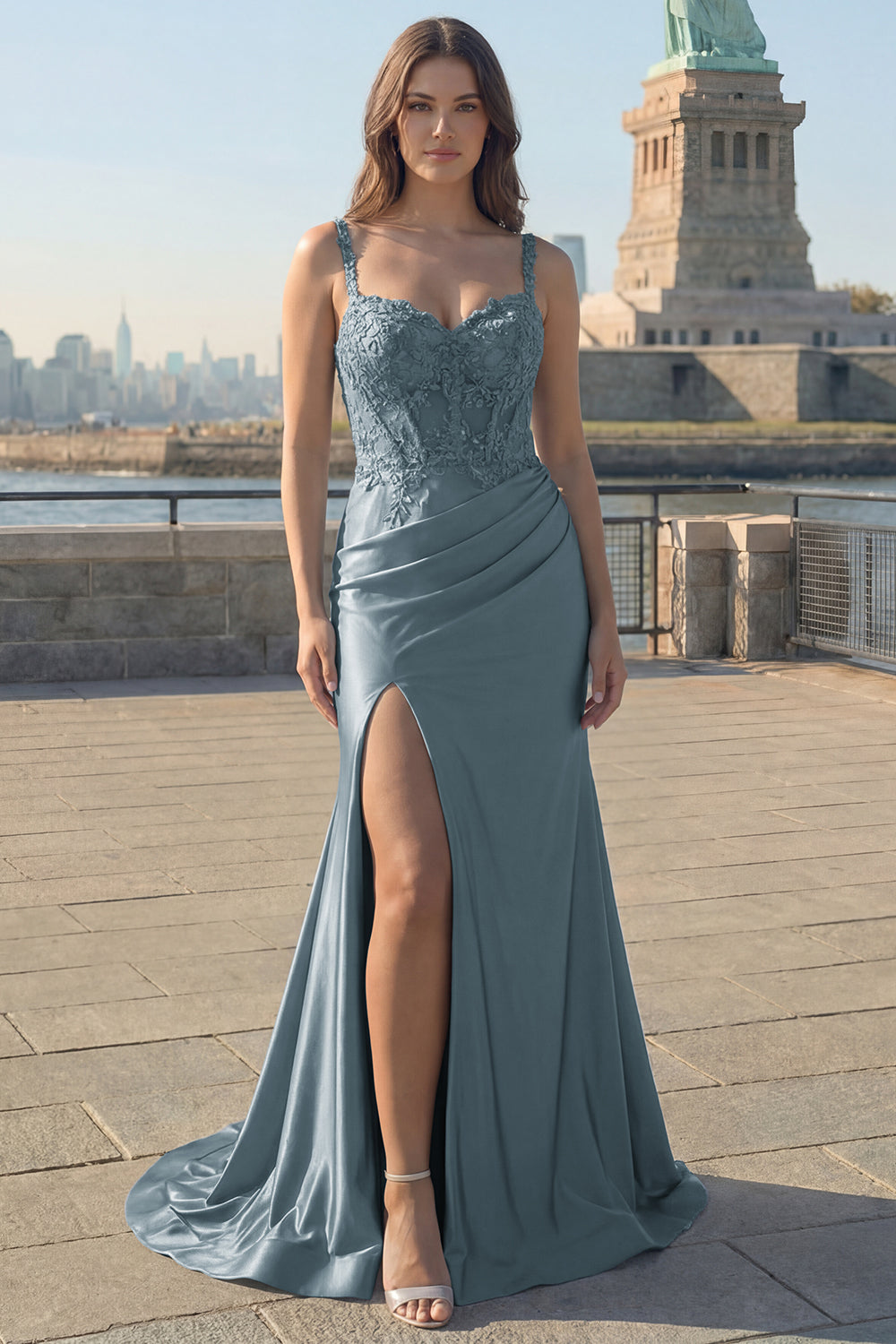 Blush Satin Mermaid Sequin Long Prom Dress with Slit