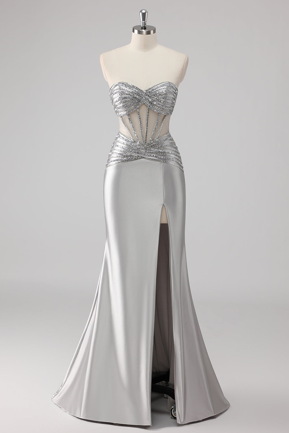 Grey Beaded Strapless Satin Mermaid Long Prom Dress with Slit