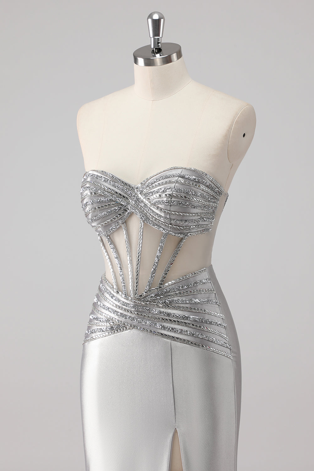Grey Beaded Strapless Satin Mermaid Long Prom Dress with Slit