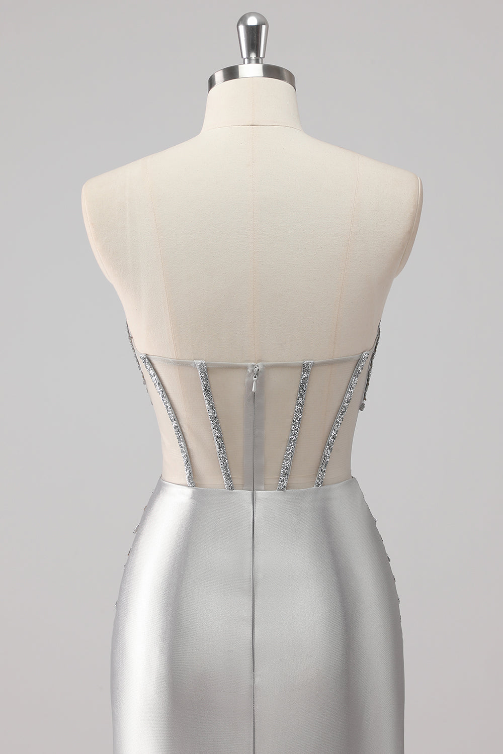 Grey Beaded Strapless Satin Mermaid Long Prom Dress with Slit
