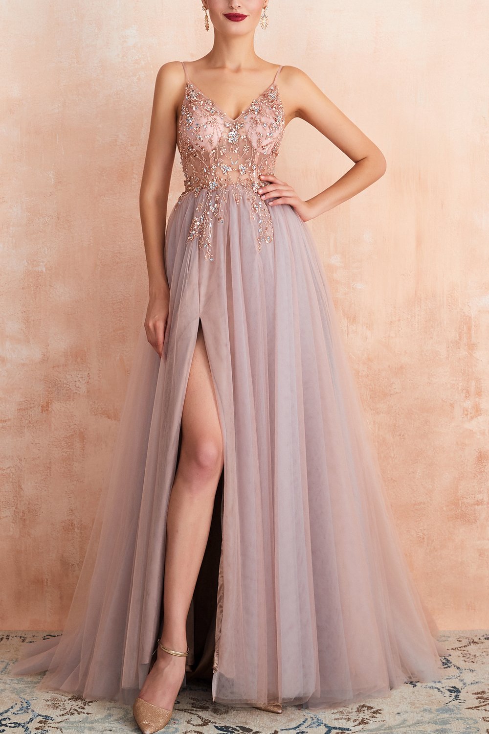 Tulle V-Neck Gown with Slit