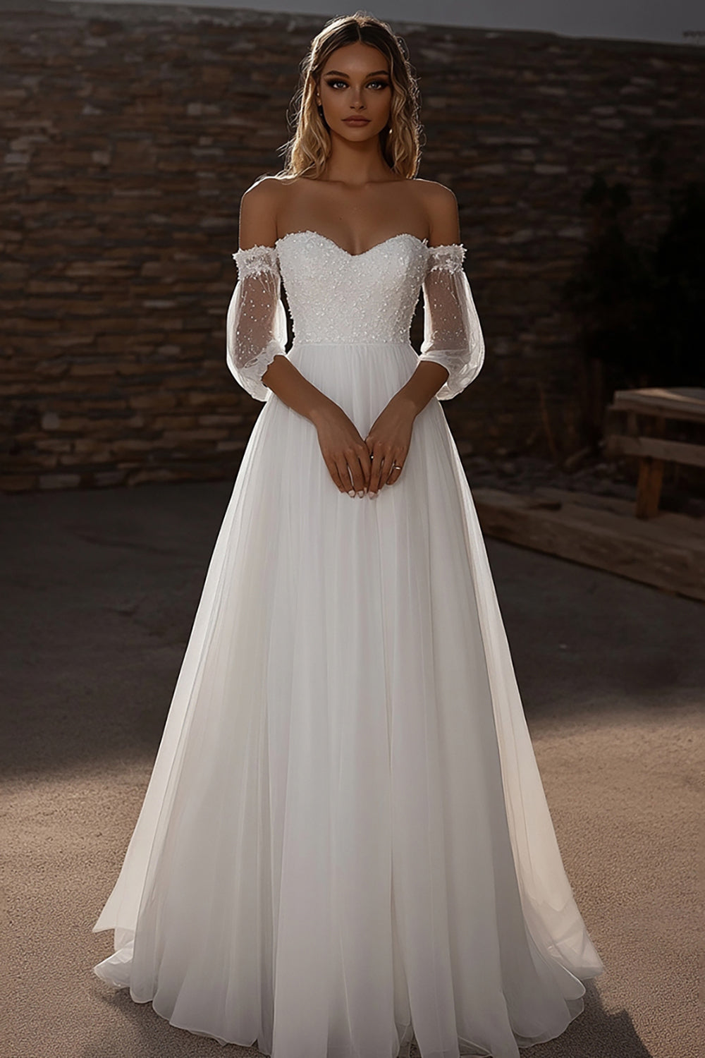 Sweetheart A-Line Tulle Half Illusion Sleeve Ivory Wedding Dress