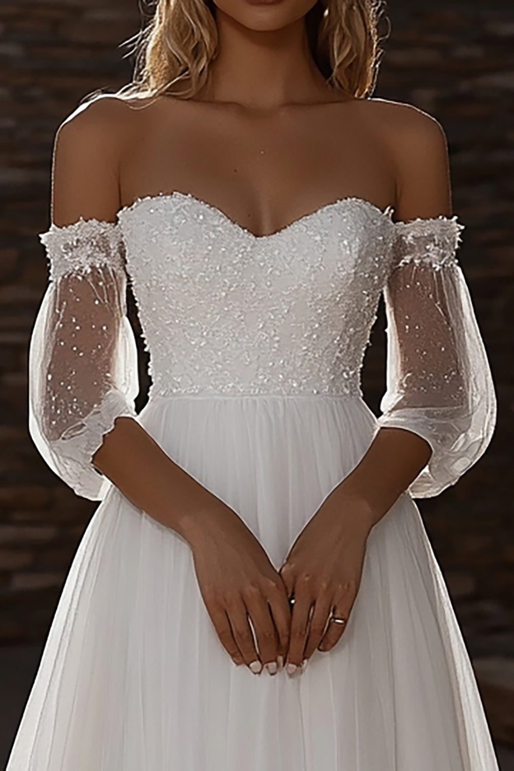 Sweetheart A-Line Tulle Half Illusion Sleeve Ivory Wedding Dress