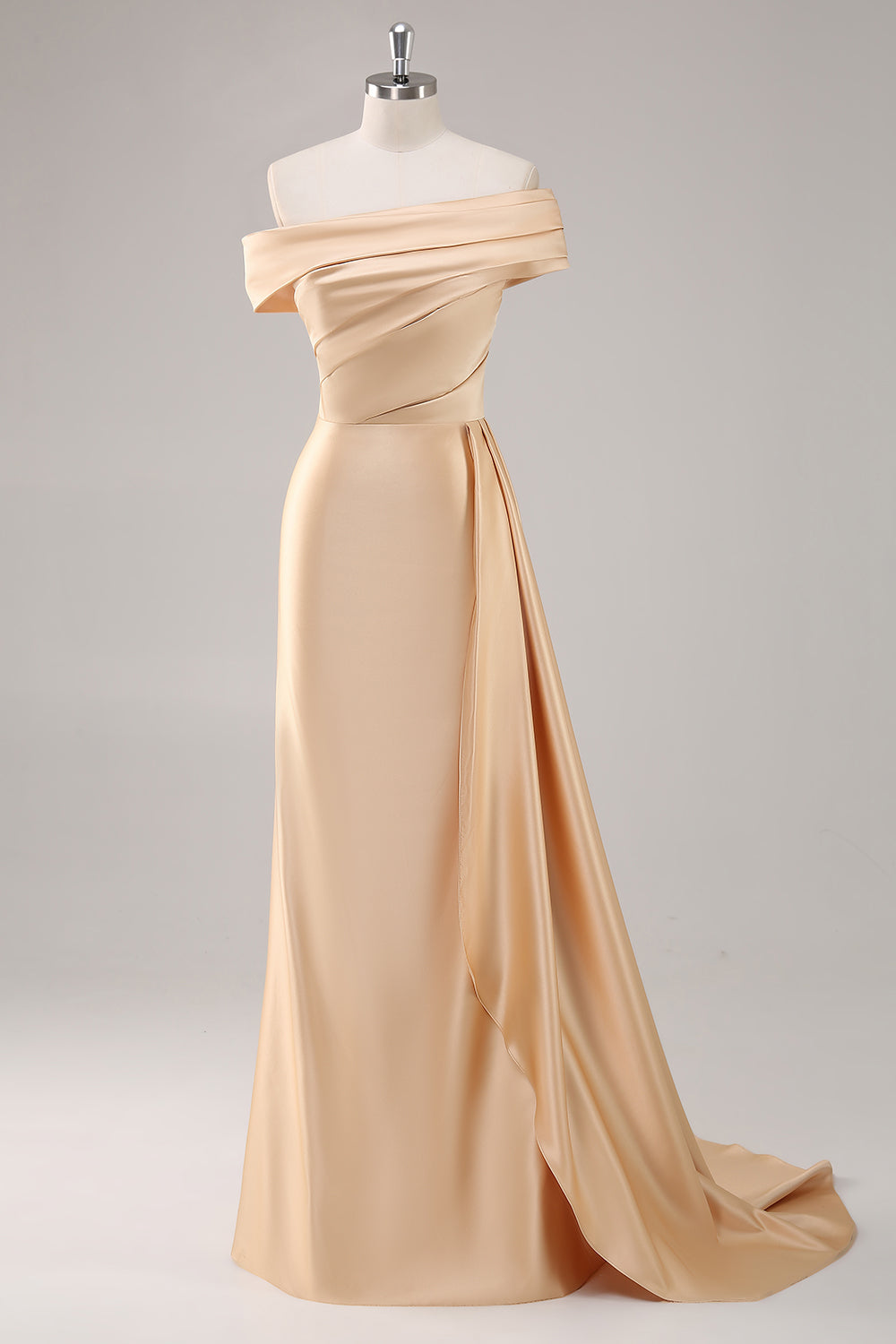 One-Shoulder Pleated Champagne Sheath Long Formal Dress
