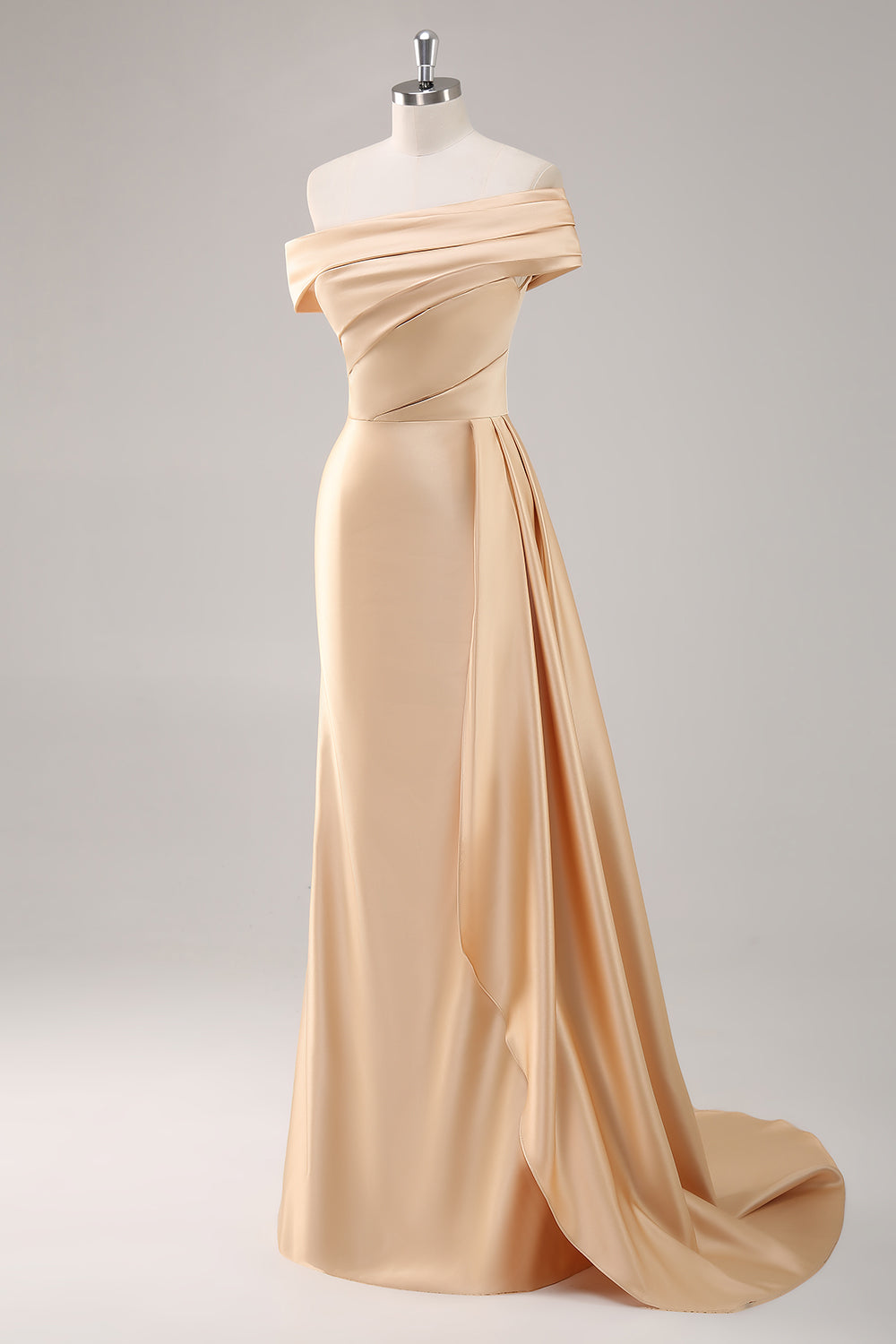 One-Shoulder Pleated Champagne Sheath Long Formal Dress
