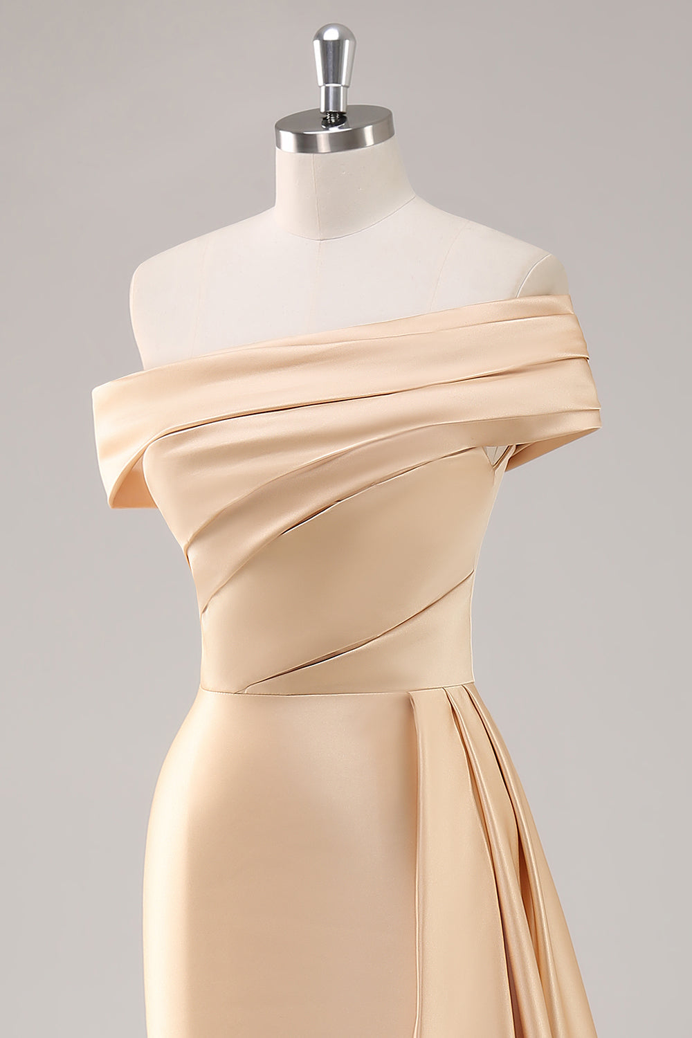 One-Shoulder Pleated Champagne Sheath Long Formal Dress