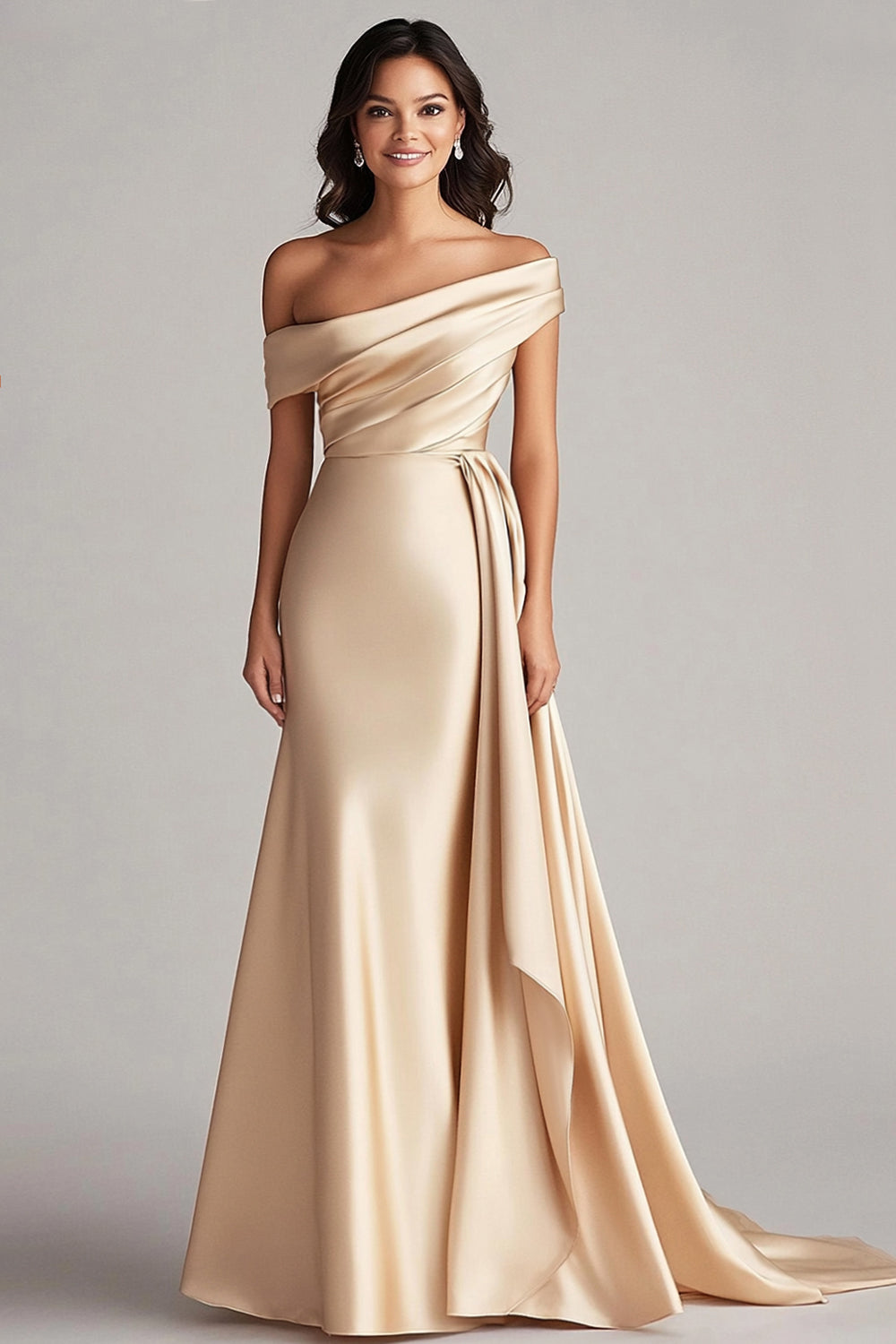 One-Shoulder Pleated Champagne Sheath Long Formal Dress