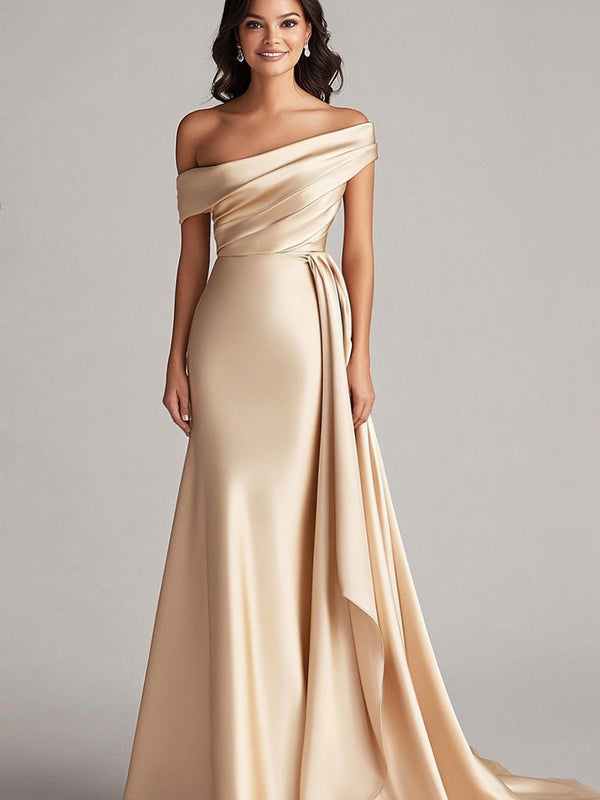Robe de soirée longue fourreau plissée couleur champagne à une épaule