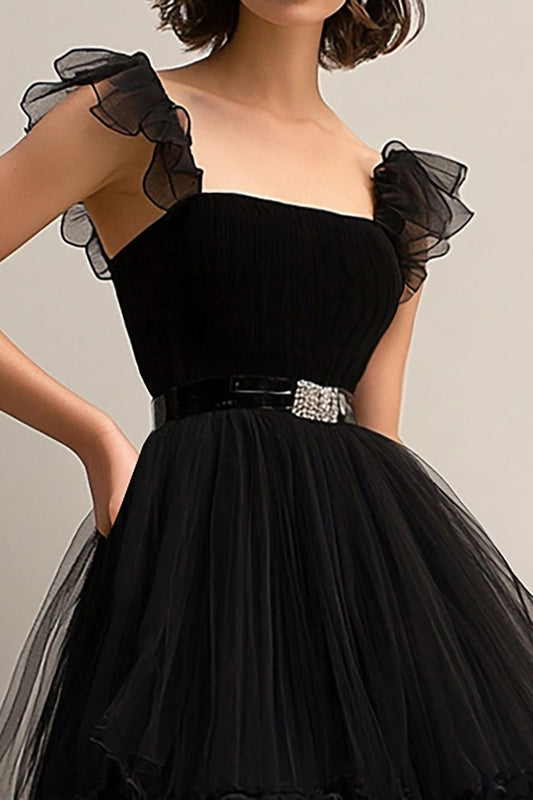 Black Tulle Spaghetti Straps A-Line Formal Dress