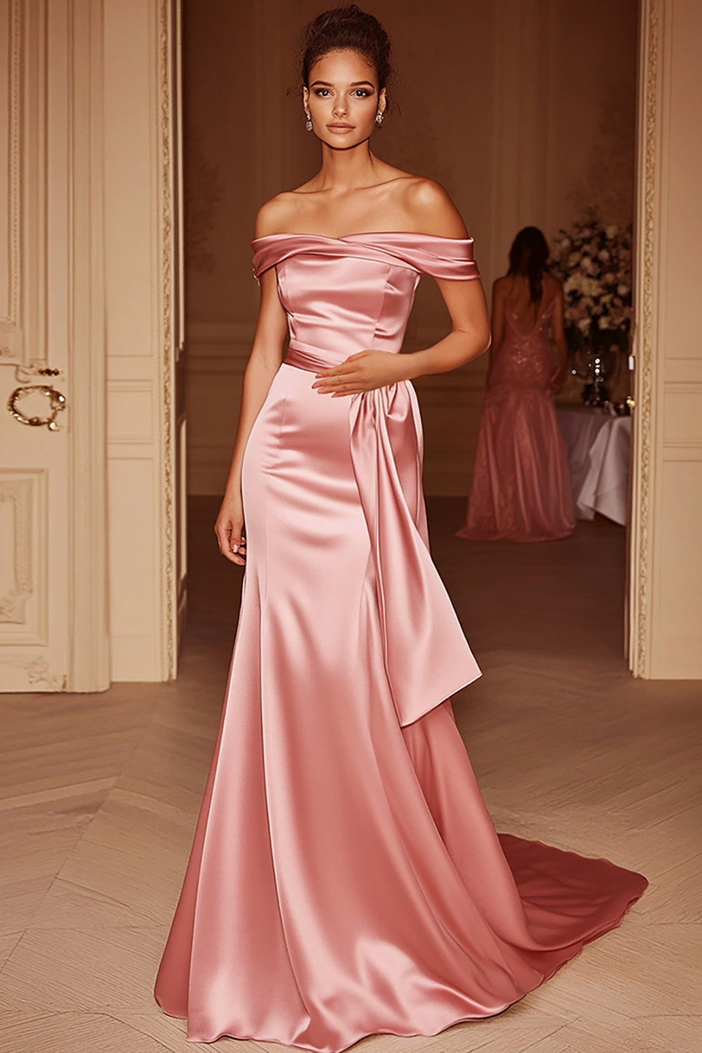 Blush Off-the-Shoulder Mermaid Satin Long Military Ball Dress