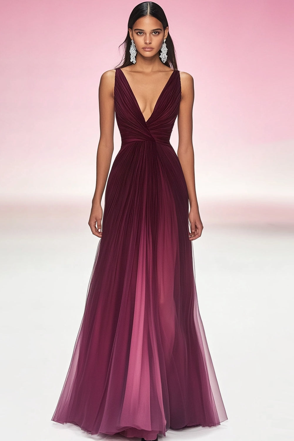 Robe plissée longue col en V Cabernet
