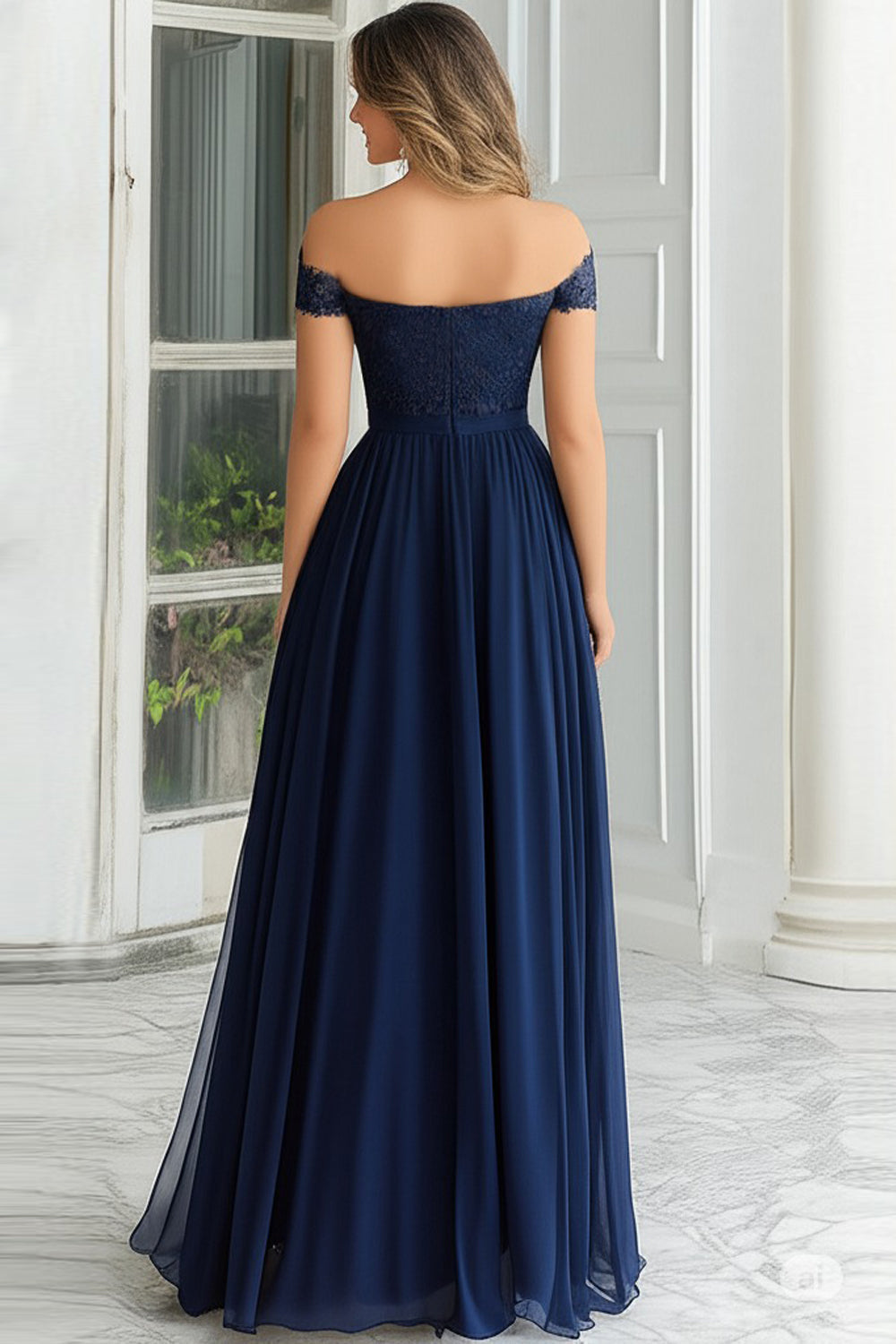 Robe longue de mère de la mariée élégante bleu marine coupe évasée en mousseline et dentelle avec épaules dénudées
