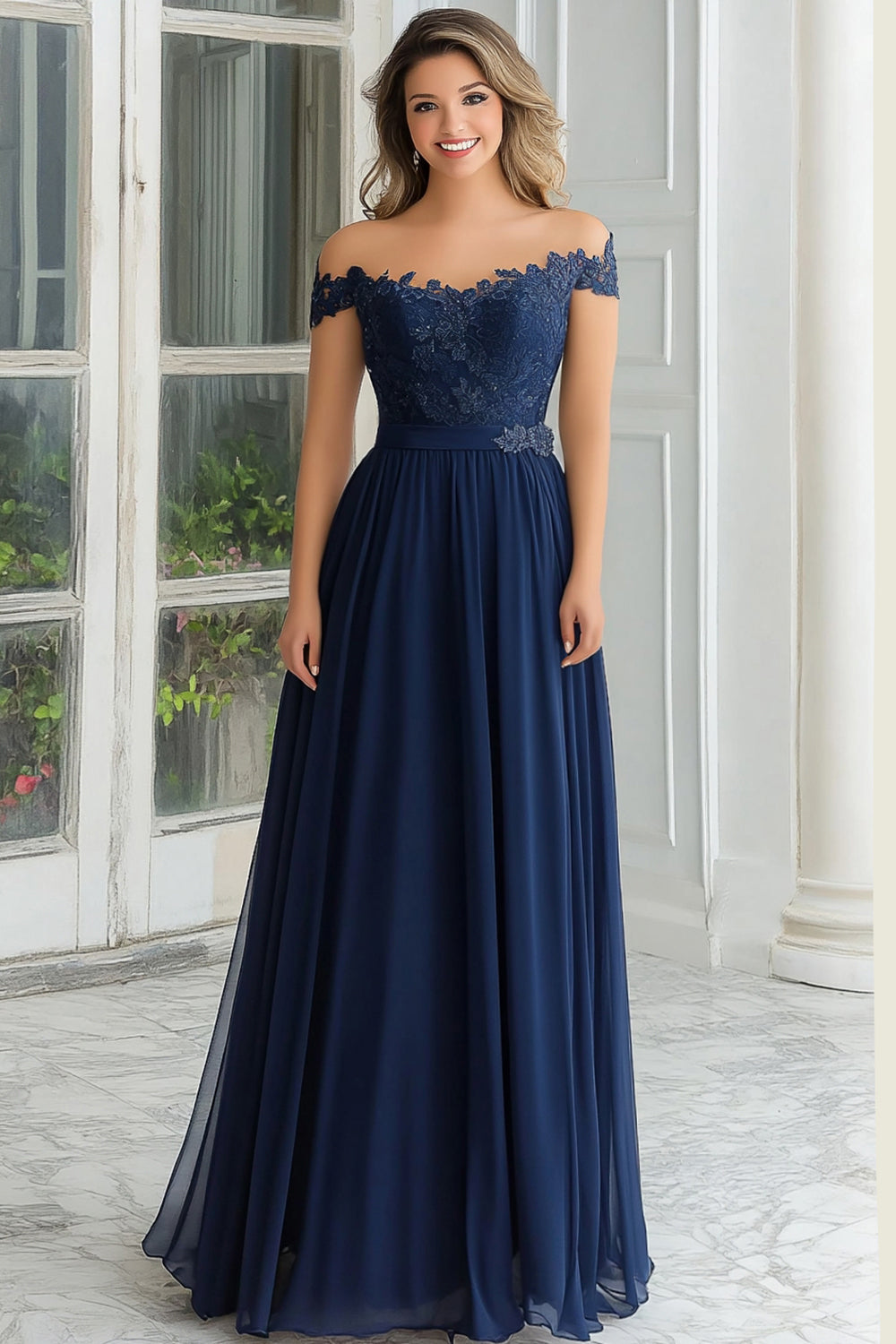 Robe longue de mère de la mariée élégante bleu marine coupe évasée en mousseline et dentelle avec épaules dénudées