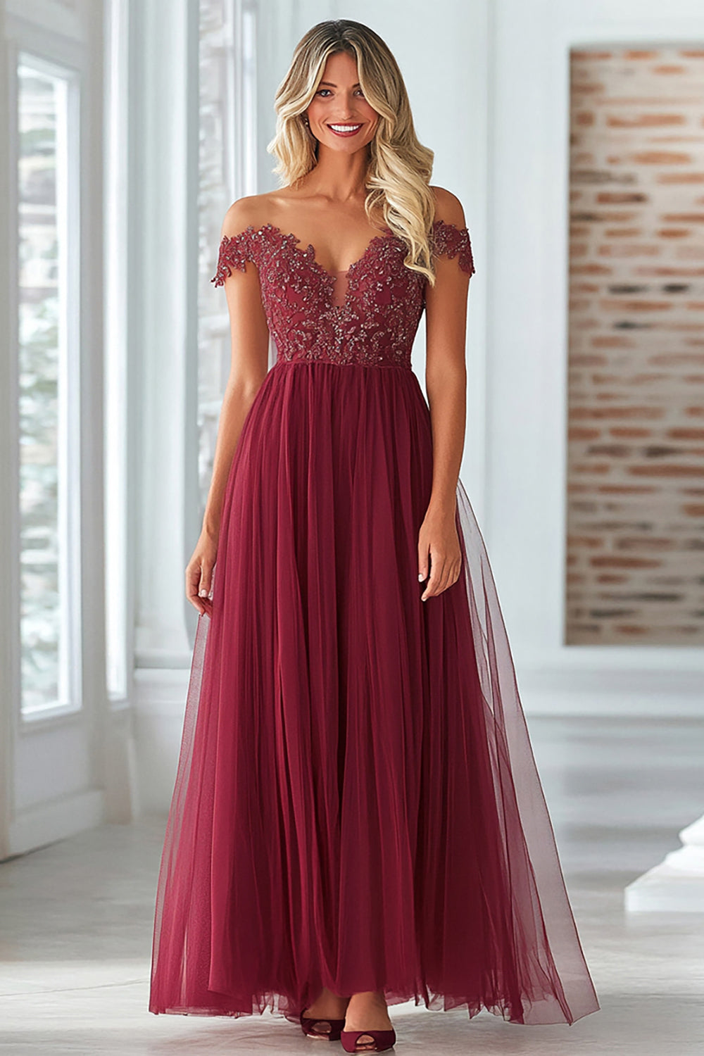 Burgundy A-Line Tulle Lace Off-the-Shoulder Mother of the Bride Dress