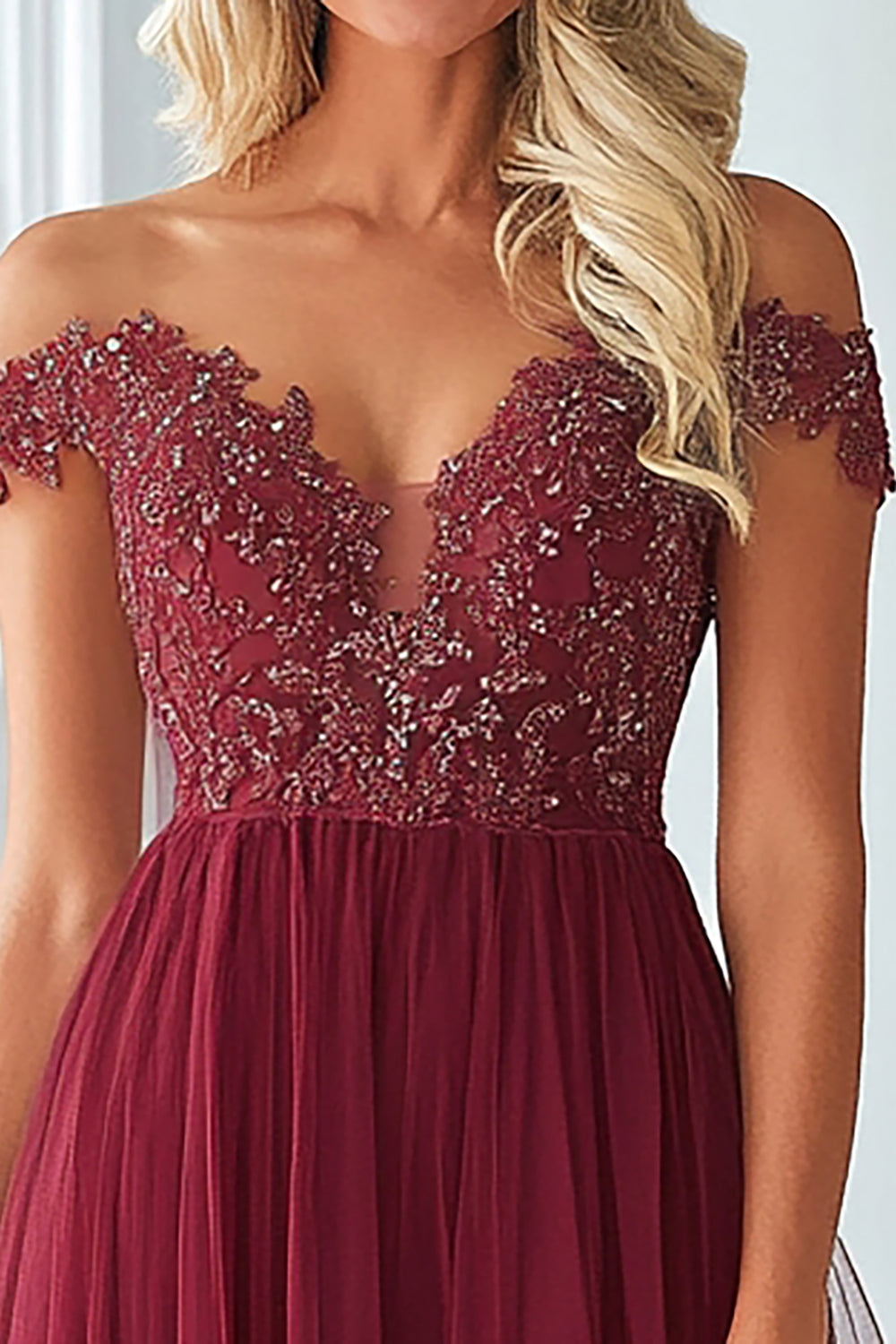 Burgundy A-Line Tulle Lace Off-the-Shoulder Mother of the Bride Dress