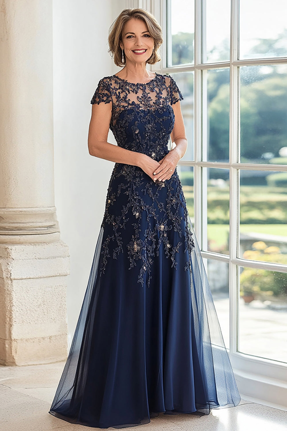 A-Line Navy Scoop Neck Cap Sleeves Lace Mother of the Bride Dress