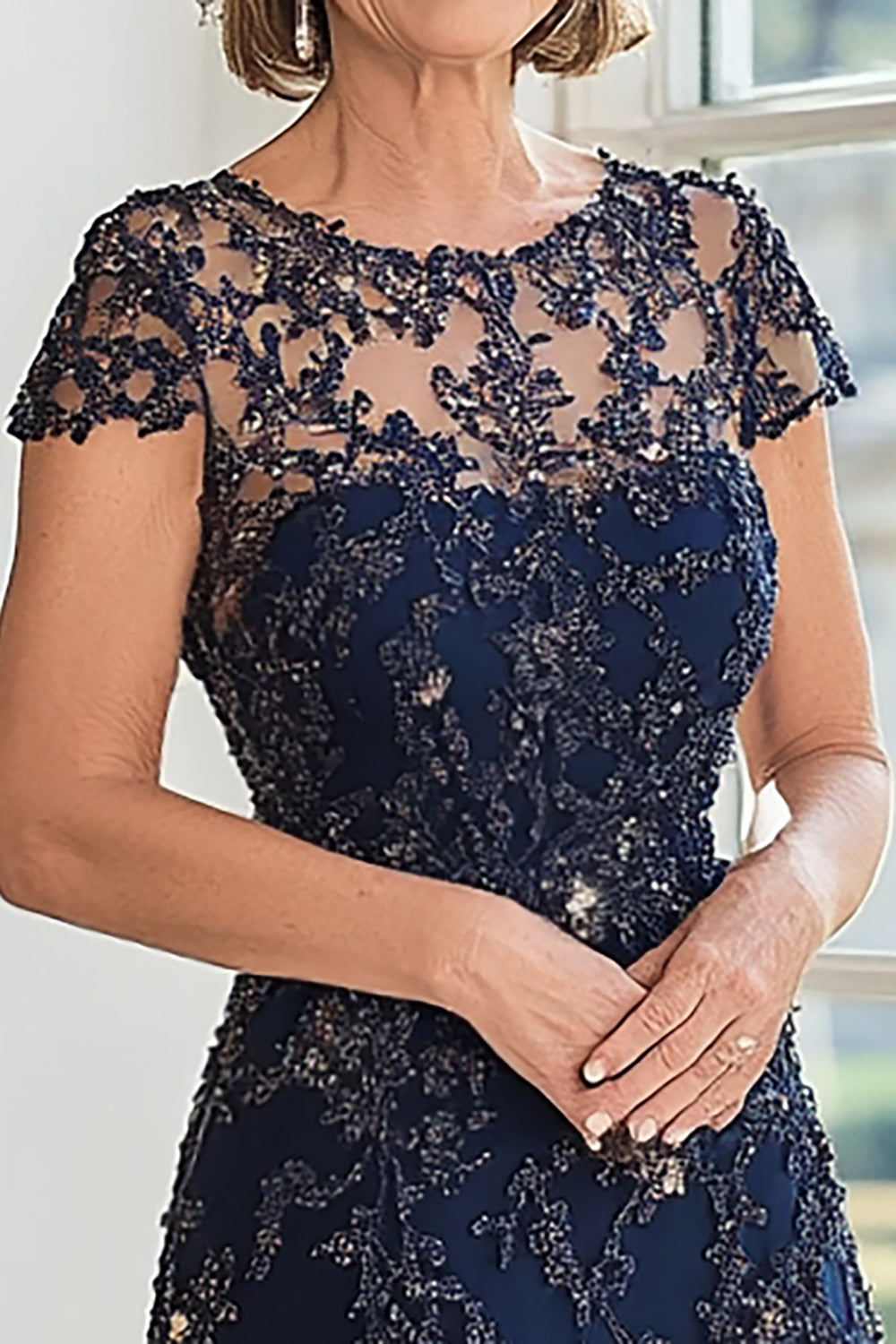 A-Line Navy Scoop Neck Cap Sleeves Lace Mother of the Bride Dress
