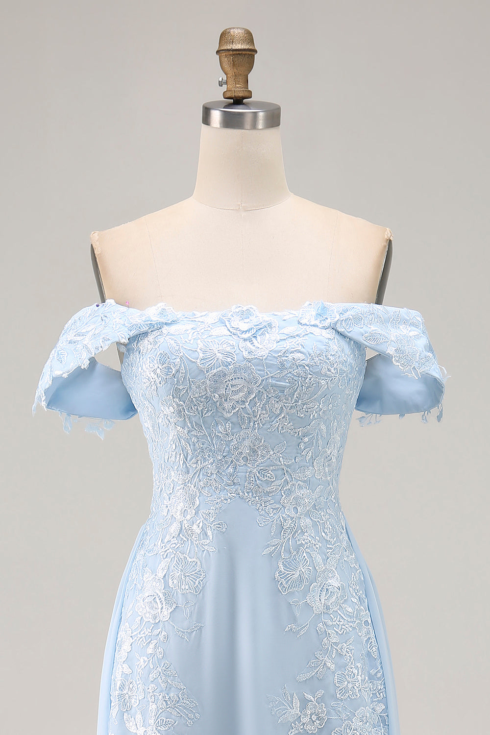 Elegant Sky Blue Sheath Off the Shoulder Chiffon Long Mother of the Bride with Appliques